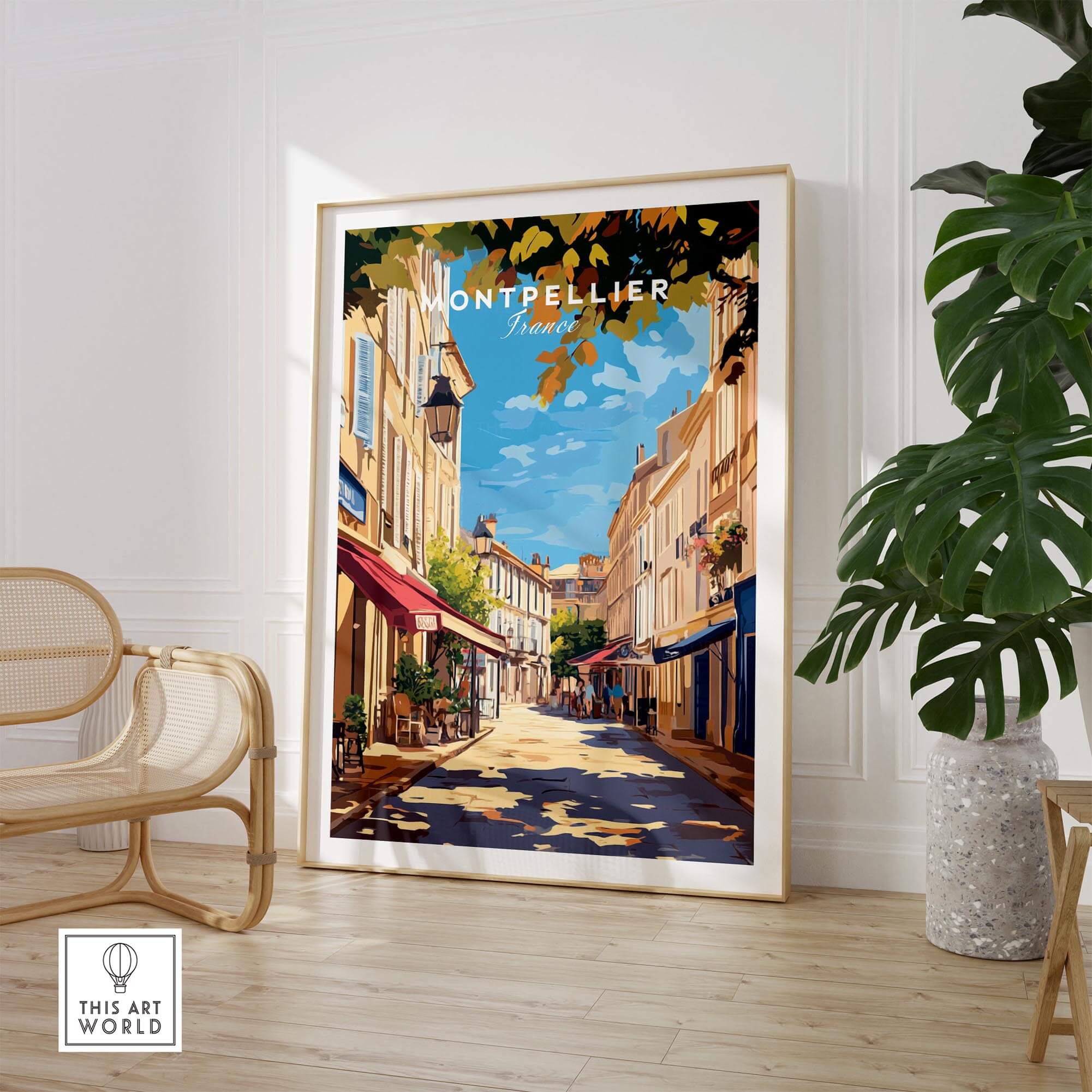 Montpellier Travel Print showcasing vibrant streets and architecture of Montpellier, perfect for home decor.
