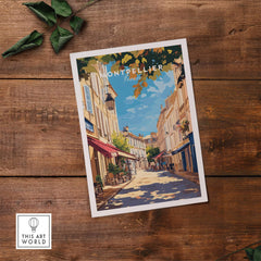 Montpellier Travel Print showcasing a picturesque street scene in Montpellier, perfect for home décor and gifting.
