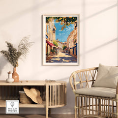 Montpellier Travel Print showcasing a vibrant street scene, perfect for home decor and capturing the charm of Montpellier.