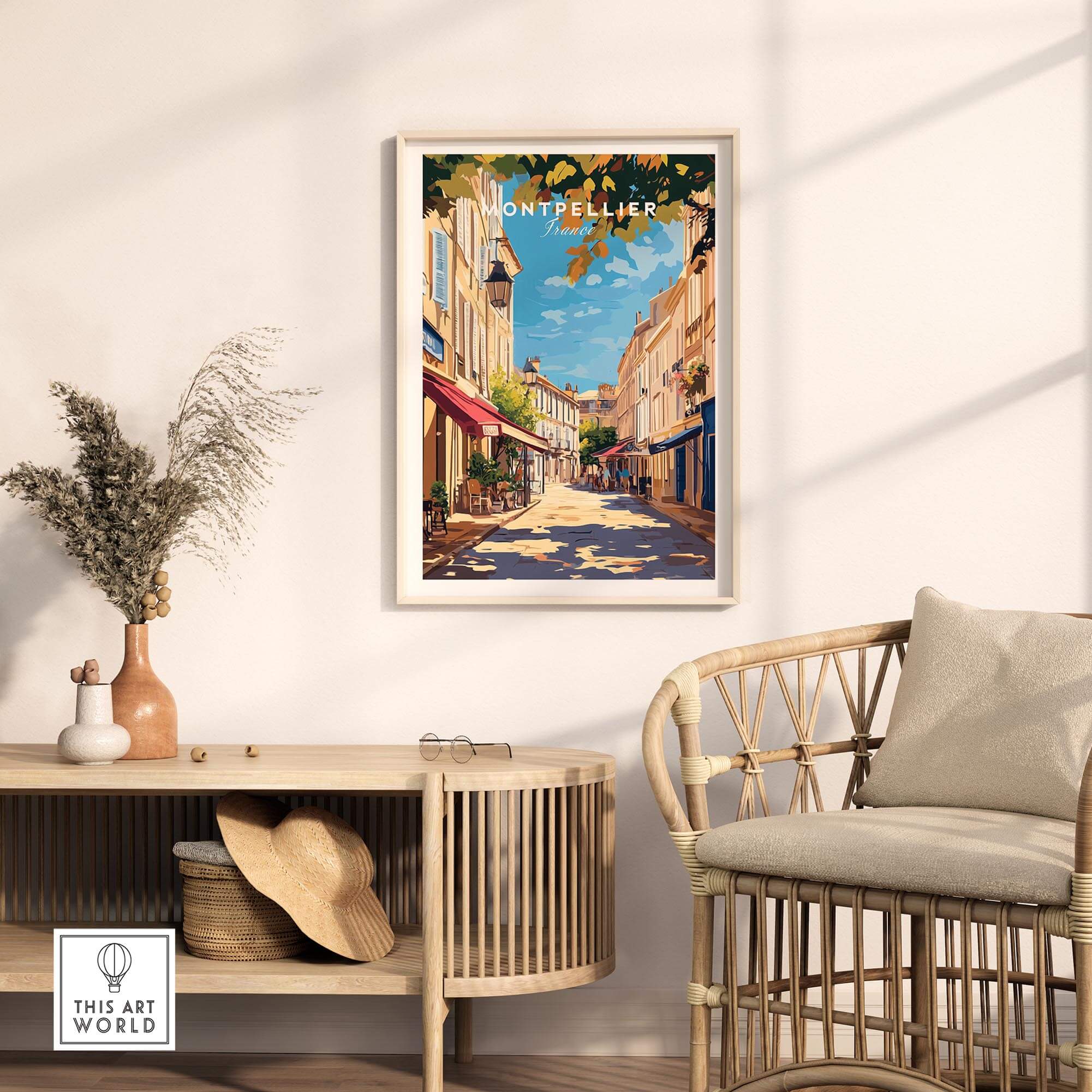 Montpellier Travel Print showcasing a vibrant street scene, perfect for home decor and capturing the charm of Montpellier.