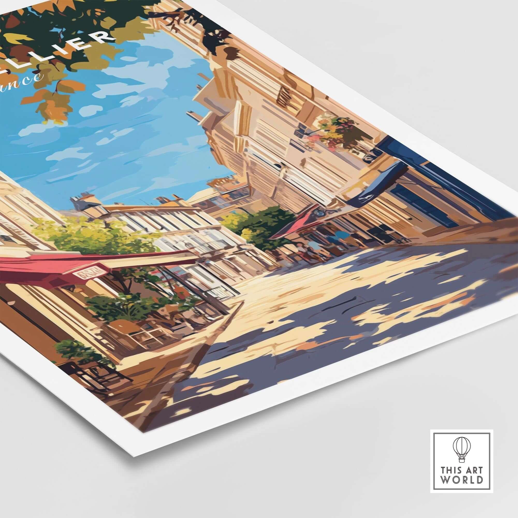 Montpellier Travel Print showcasing a vibrant street scene in Montpellier, perfect for home decor or gifts.