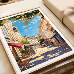Montpellier Travel Print featuring a vibrant street scene in Montpellier, ideal for home decor or gifting.