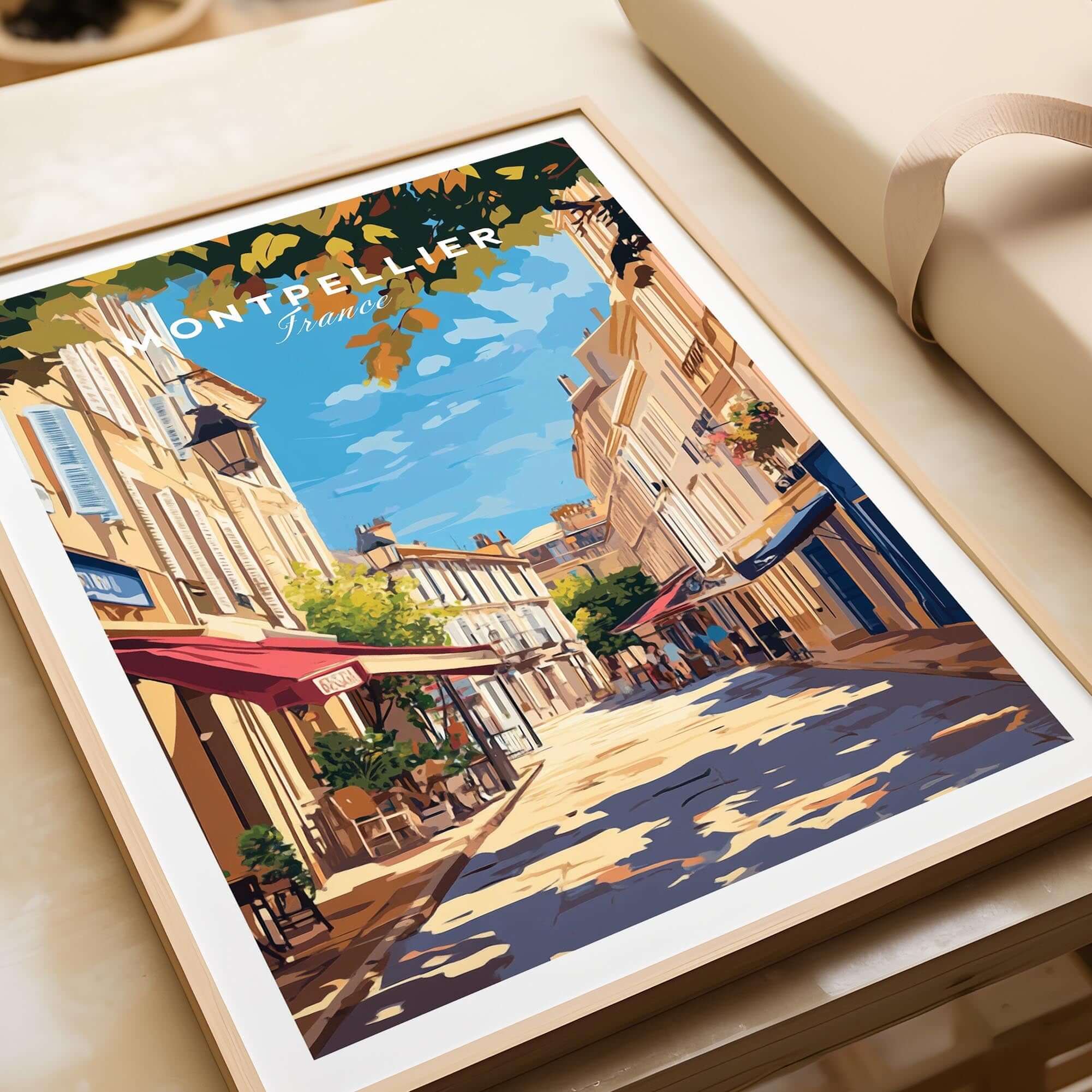 Montpellier Travel Print featuring a vibrant street scene in Montpellier, ideal for home decor or gifting.