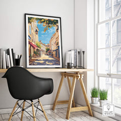Montpellier Travel Print showcasing a vibrant street scene framed in a stylish living space.
