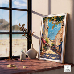 Montpellier Travel Print showcasing vibrant street scene with a beach view, perfect for home decor and travel enthusiasts.