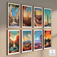 Montpellier Travel Print and other city art prints displayed in a stylish arrangement on a wall.