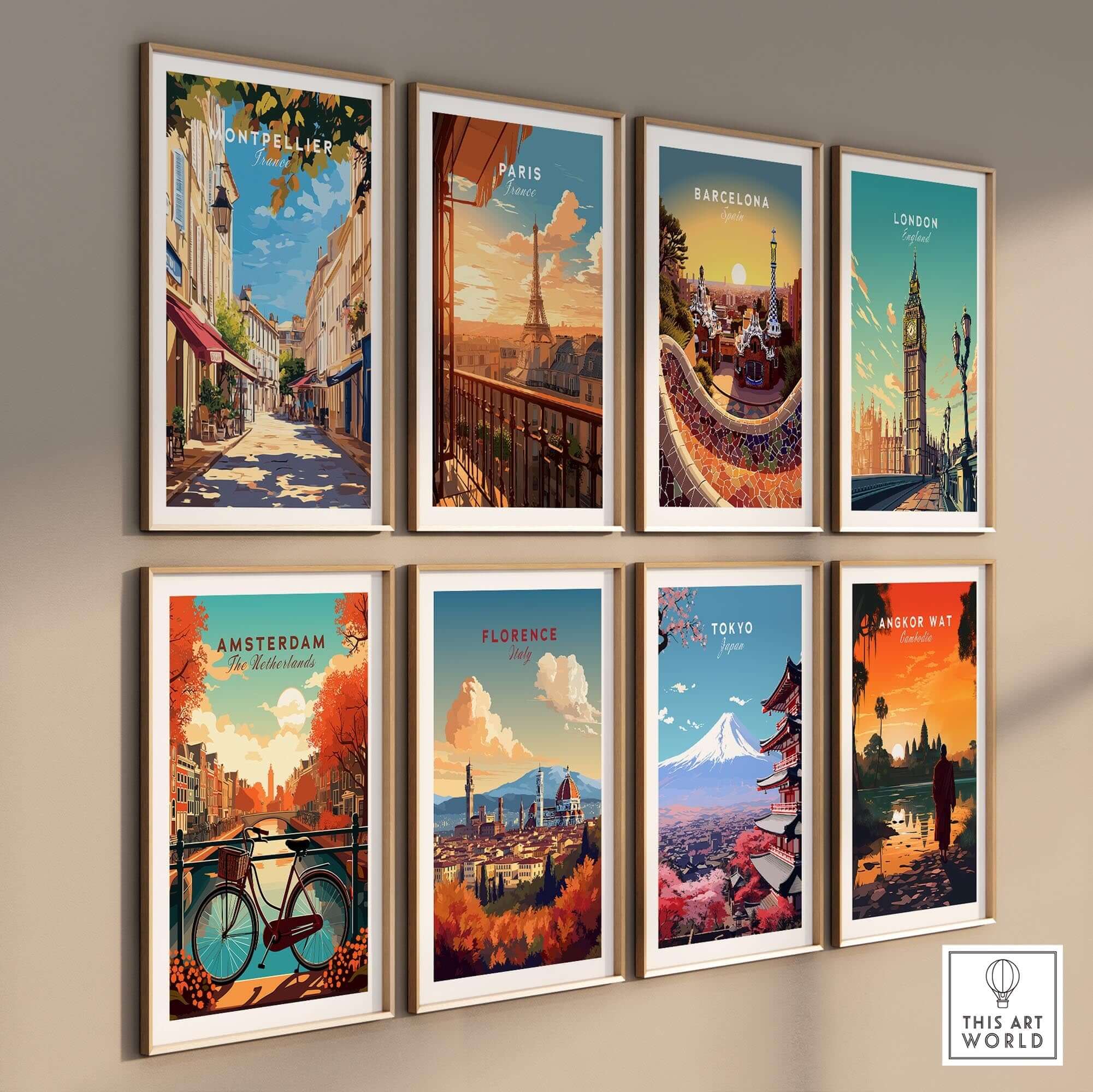 Montpellier Travel Print and other city art prints displayed in a stylish arrangement on a wall.