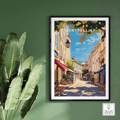 Montpellier Travel Print showcasing vibrant street scene in Montpellier, France, perfect for wall decor.