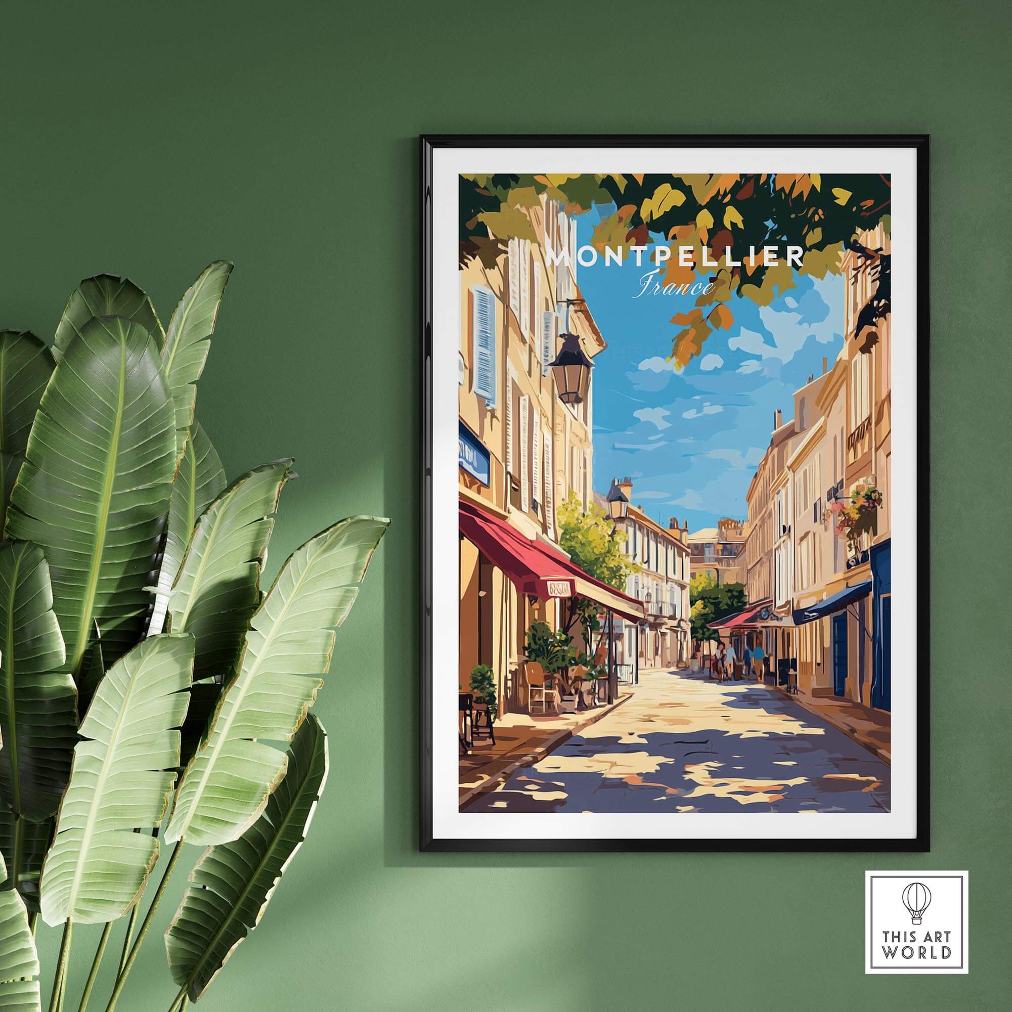Montpellier Travel Print showcasing vibrant street scene in Montpellier, France, perfect for wall decor.