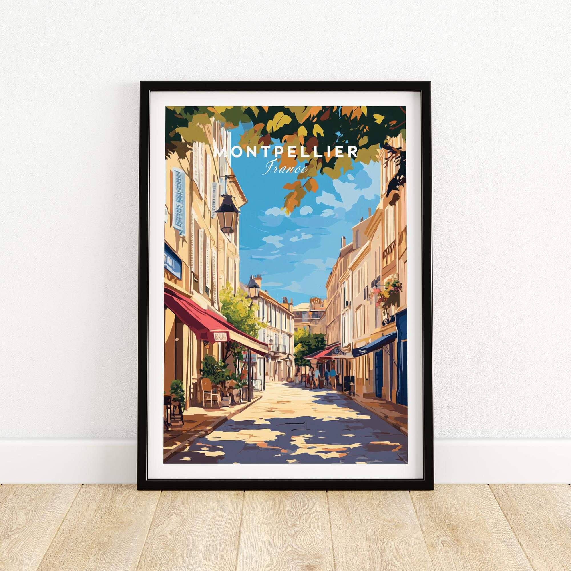 Montpellier Travel Print showcasing a charming street scene in Montpellier, France, perfect for home decor.