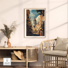 Montpellier Wall Art showcasing a vibrant street scene in Montpellier, France, framed and displayed in a stylish living room.
