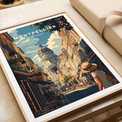 Montpellier Wall Art featuring a vibrant street scene in Montpellier, France in a stylish frame.