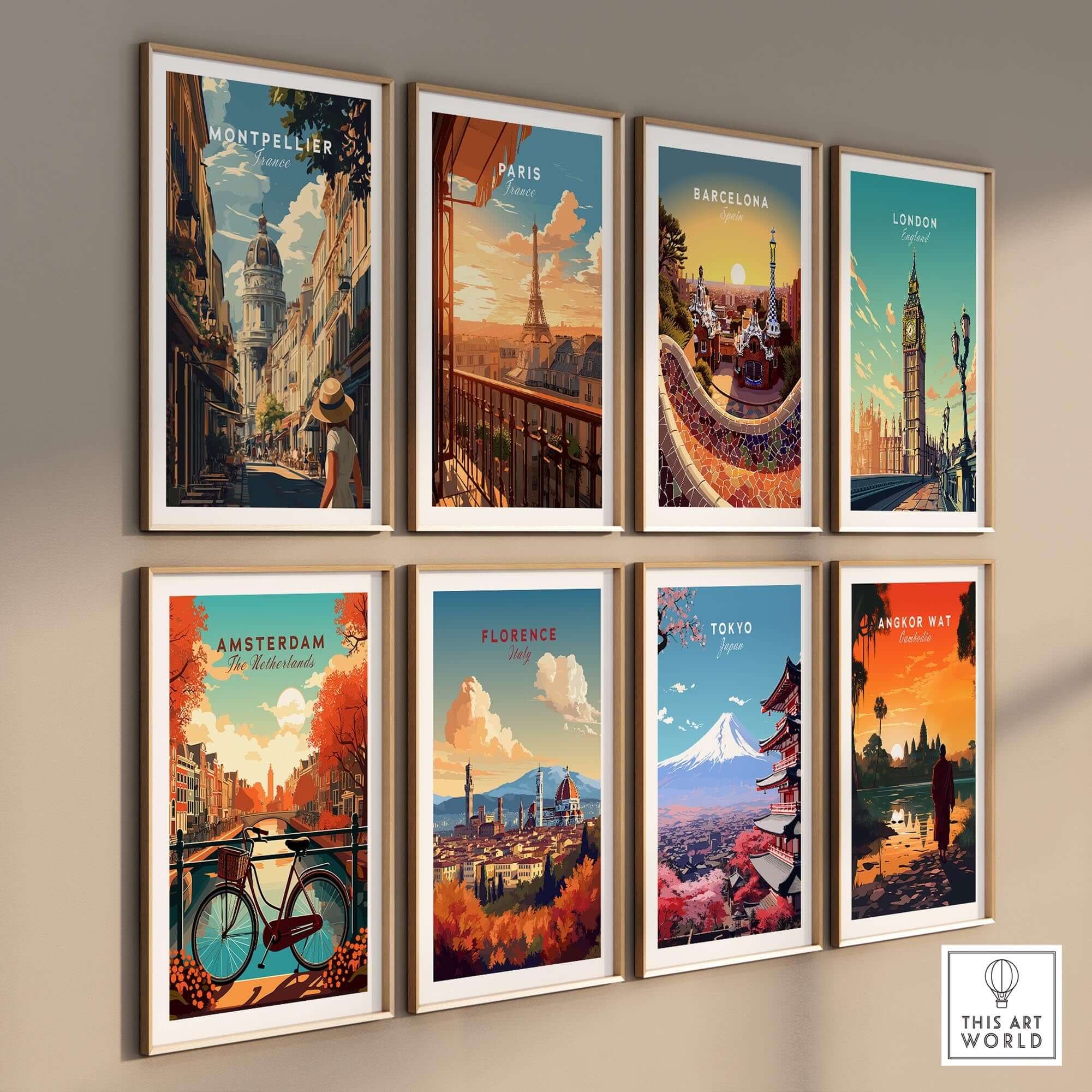 Montpellier Wall Art featuring vintage travel prints of various cities including Paris, Barcelona, and London.