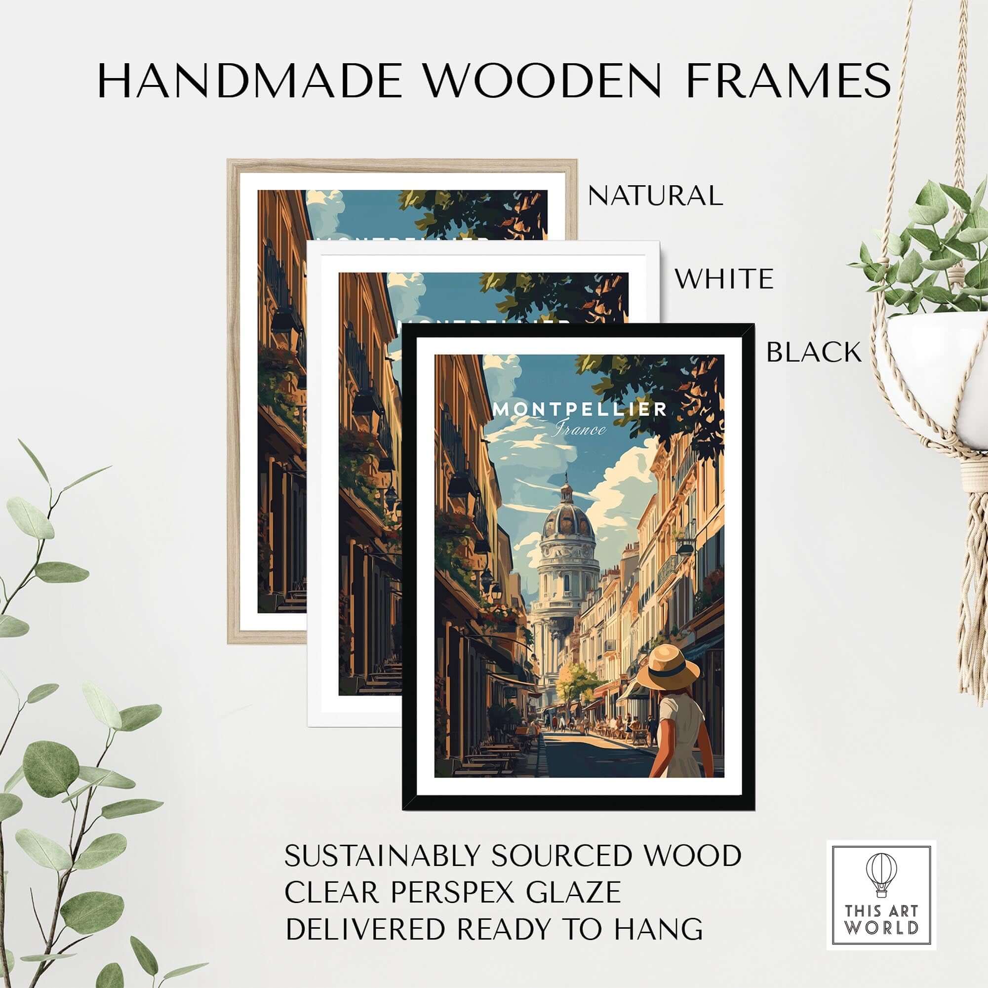 Montpellier Wall Art displayed in handmade wooden frames, featuring natural, white, and black options for stylish decor.