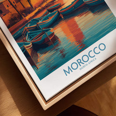 Morocco Canvas Print | Traditional Blue Boat & Port Poster showcasing colorful boats and serene water reflections.