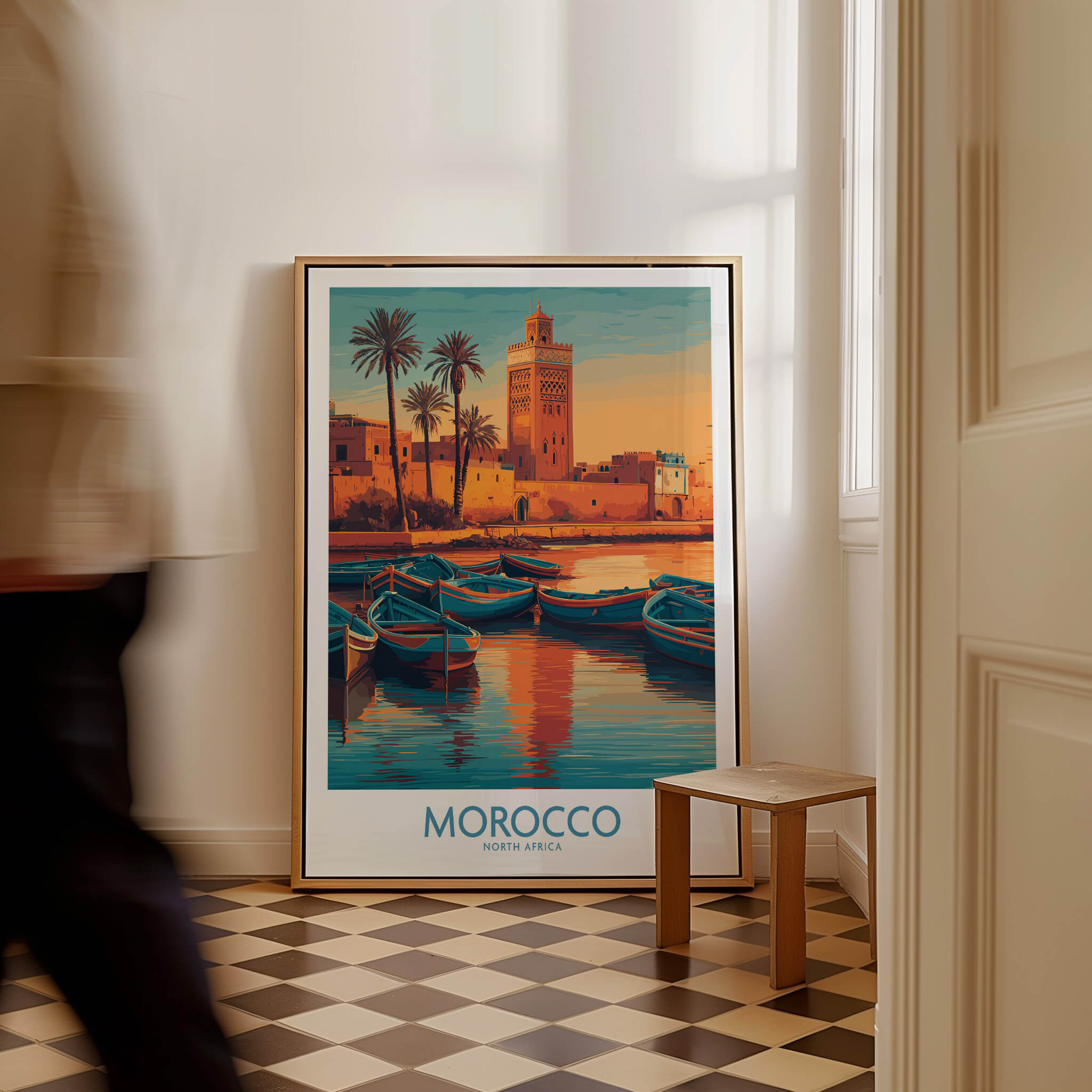 Morocco Canvas Print | Traditional Blue Boat & Port Poster featuring a coastal scene with fishing boats and the tower in sunset colors.