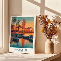 Morocco Canvas Print | Traditional Blue Boat & Port Poster featuring vibrant boats and a historic port scene.