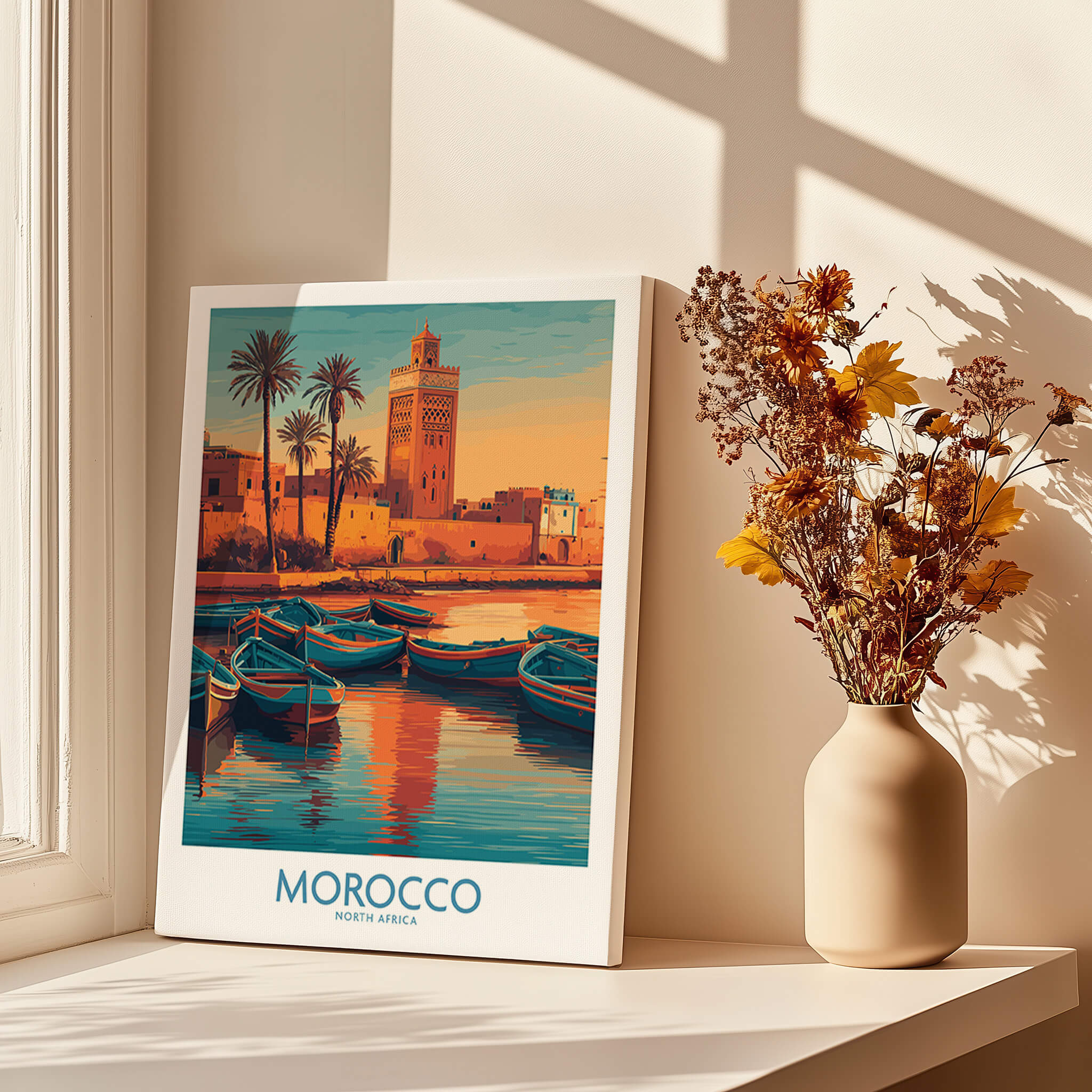 Morocco Canvas Print | Traditional Blue Boat & Port Poster featuring vibrant boats and a historic port scene.