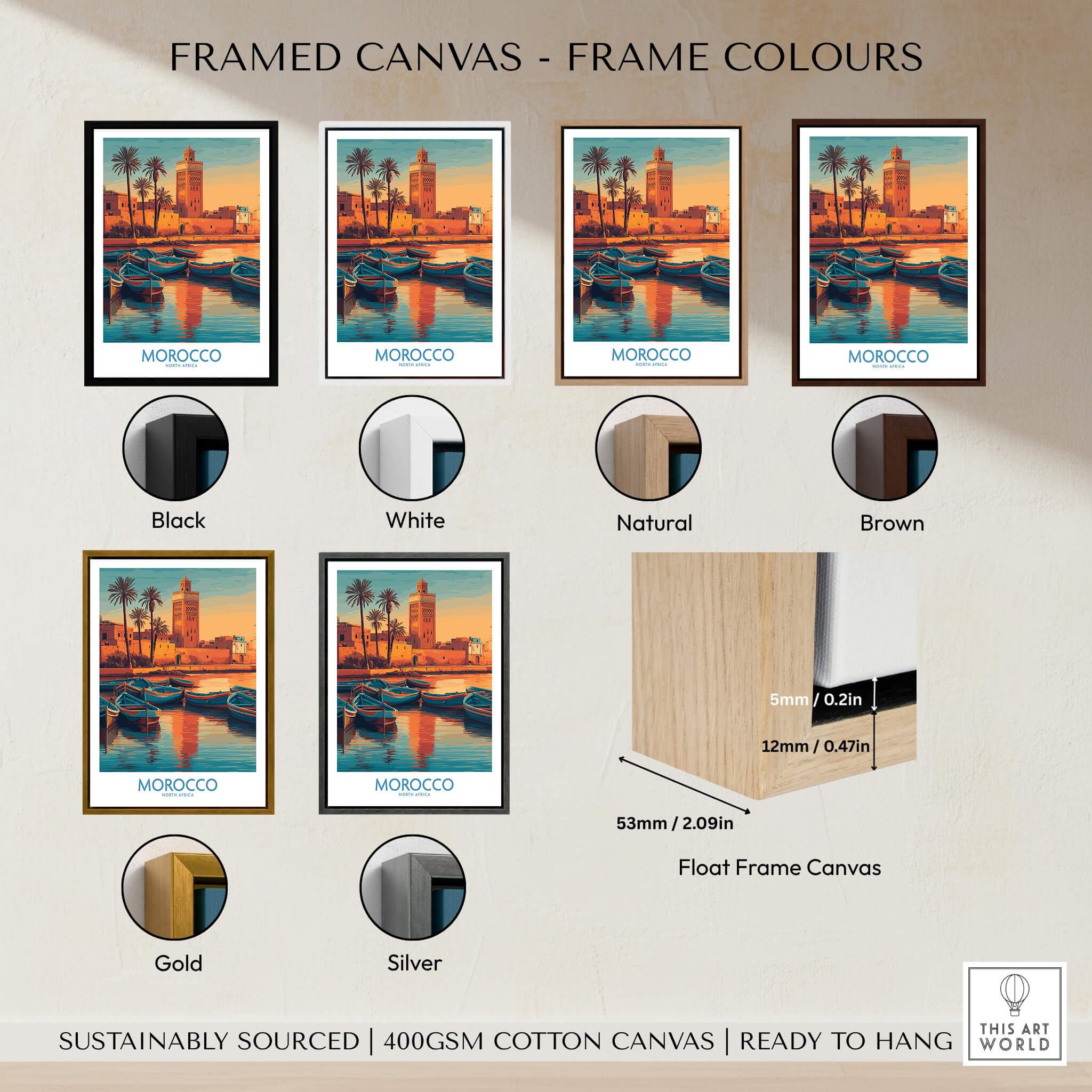 Morocco Canvas Print | Traditional Blue Boat & Port Poster framed canvas color options and sizes