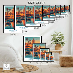 Morocco Canvas Print | Traditional Blue Boat & Port Poster size guide with various frame sizes and palm trees.