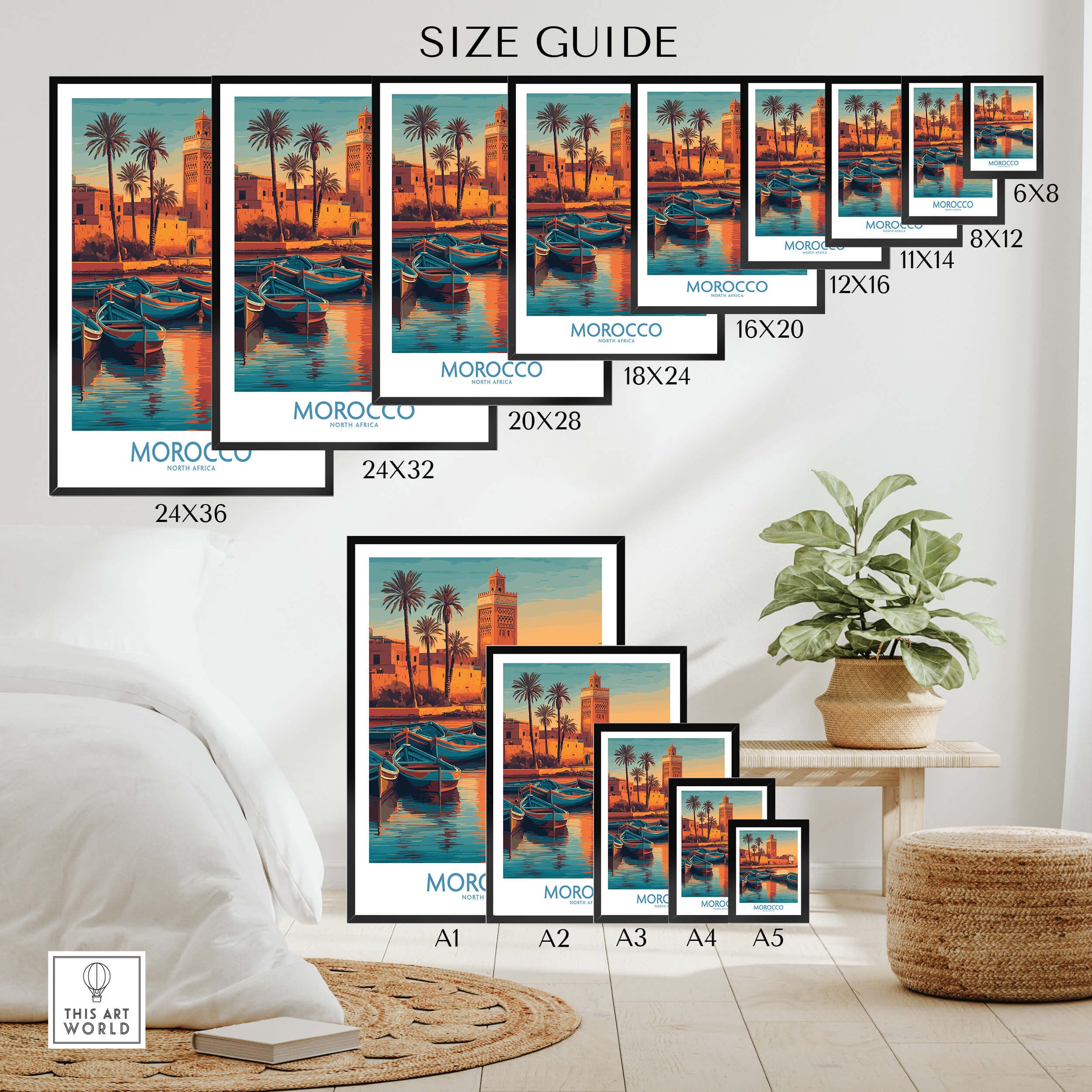 Morocco Canvas Print | Traditional Blue Boat & Port Poster size guide with various frame sizes and palm trees.