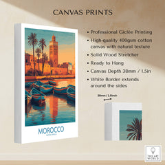 Morocco Canvas Print | Traditional Blue Boat & Port Poster showcasing professional Giclée printing and solid wood stretcher.