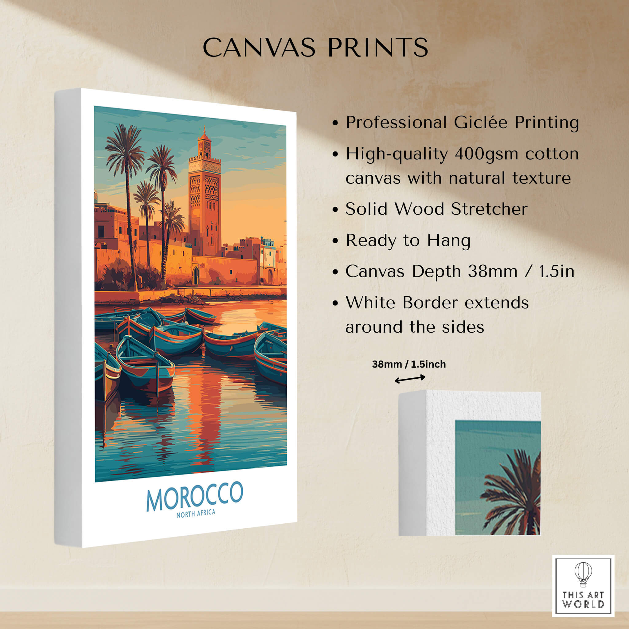 Morocco Canvas Print | Traditional Blue Boat & Port Poster showcasing professional Giclée printing and solid wood stretcher.