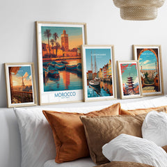 Morocco Canvas Print | Traditional Blue Boat & Port Poster displayed among other city prints in a cozy interior.