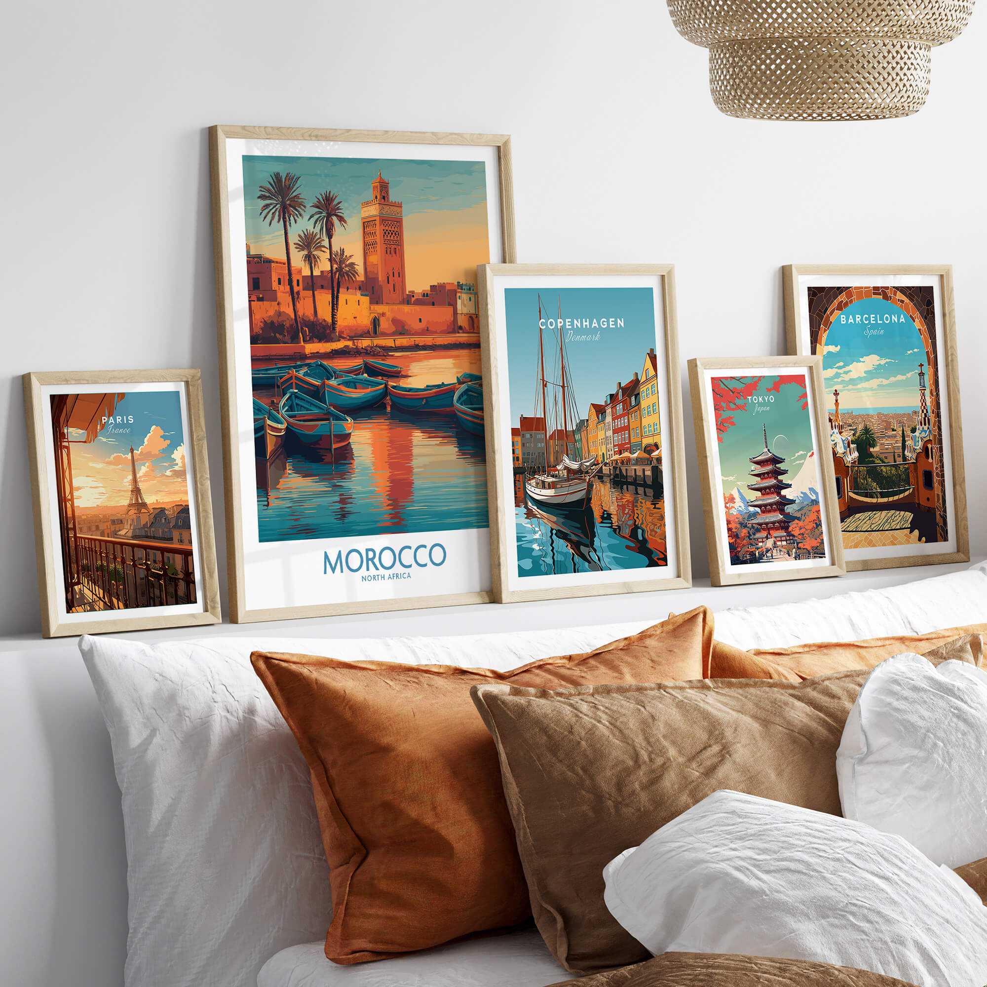 Morocco Canvas Print | Traditional Blue Boat & Port Poster displayed among other city prints in a cozy interior.