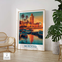 Morocco Canvas Print | Traditional Blue Boat & Port Poster featuring vibrant boats and a scenic Moroccan port.