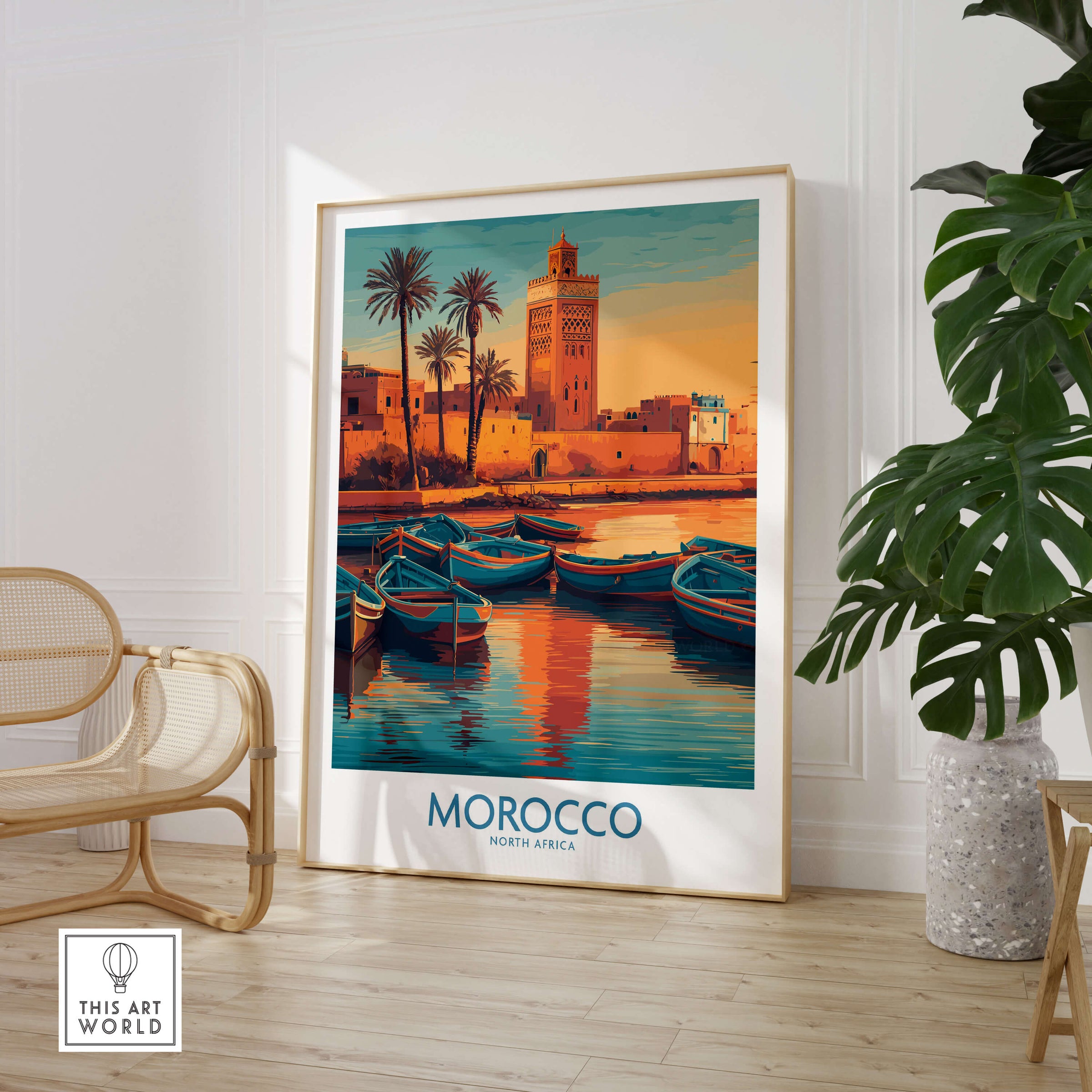 Morocco Canvas Print | Traditional Blue Boat & Port Poster featuring vibrant boats and a scenic Moroccan port.