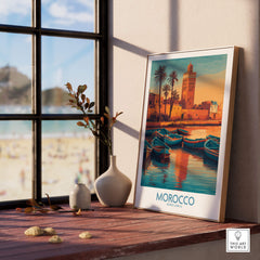 Morocco Canvas Print | Traditional Blue Boat & Port Poster showcasing a vibrant coastal scene with boats and a historic tower.