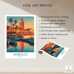 Morocco Canvas Print | Traditional Blue Boat & Port Poster showcasing Giclée printing and vibrant coastal scene.