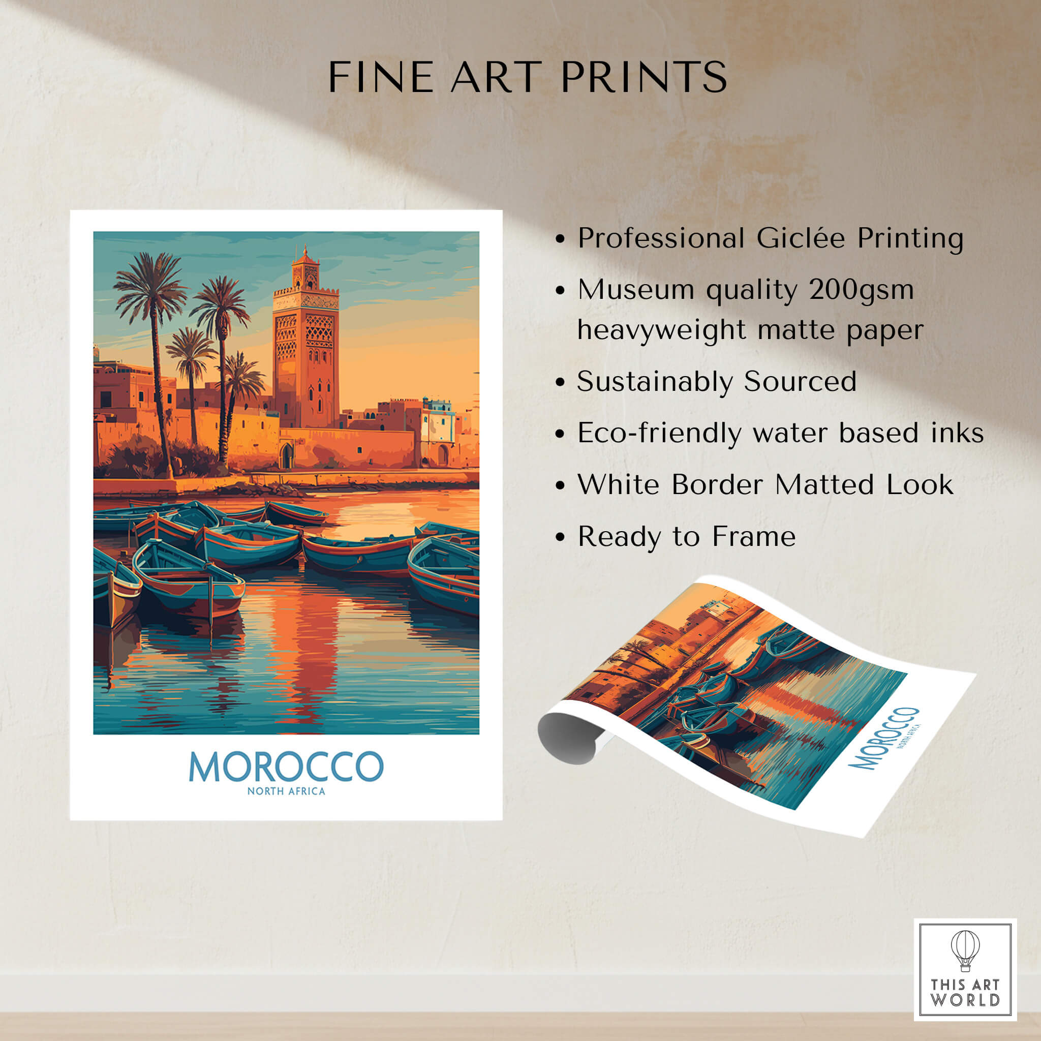 Morocco Canvas Print | Traditional Blue Boat & Port Poster showcasing Giclée printing and vibrant coastal scene.
