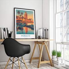 Morocco Canvas Print | Traditional Blue Boat & Port Poster displayed in a stylish home office setting.