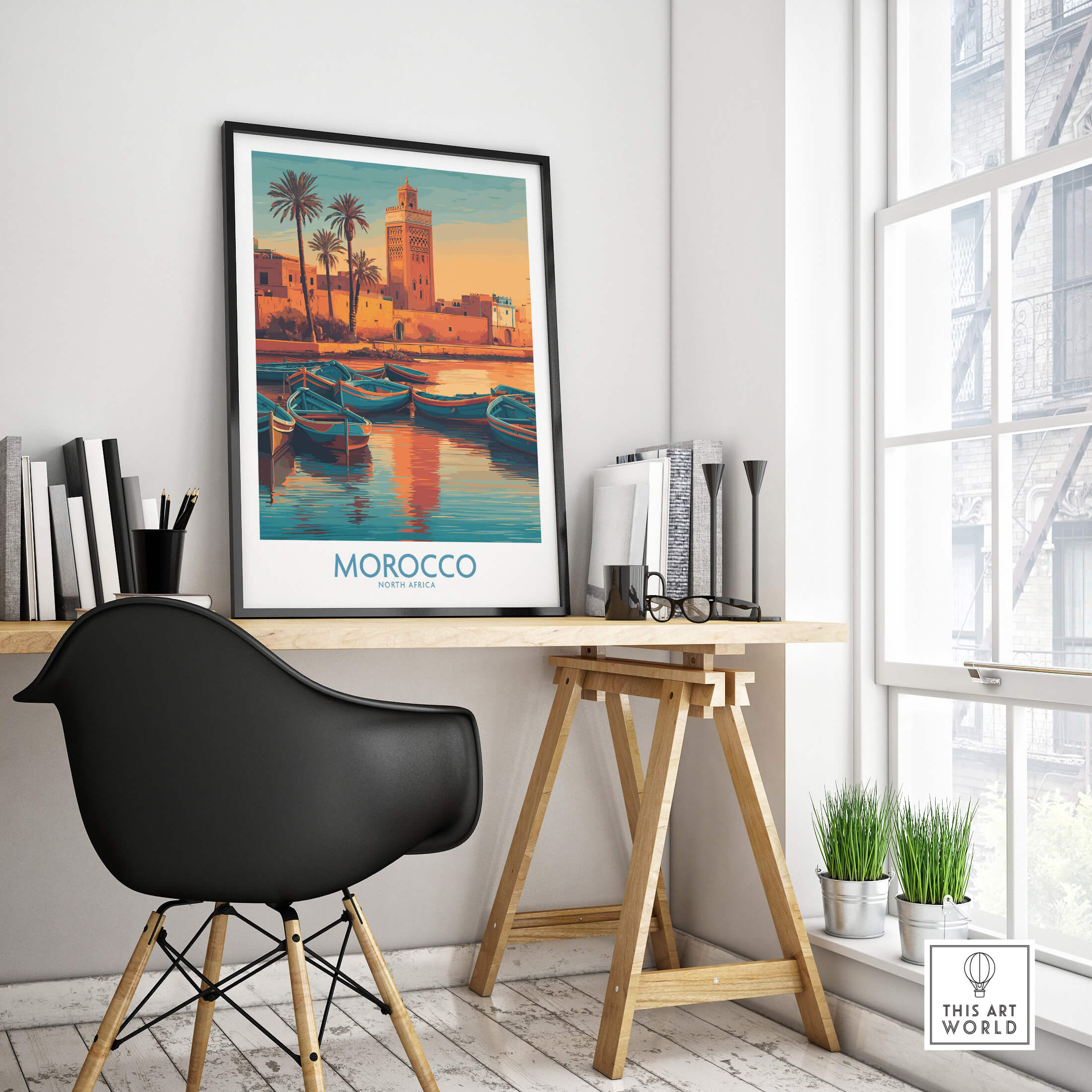Morocco Canvas Print | Traditional Blue Boat & Port Poster displayed in a stylish home office setting.