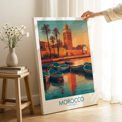 Morocco Canvas Print | Traditional Blue Boat & Port Poster featuring a vibrant Moroccan scene with boats and palm trees.