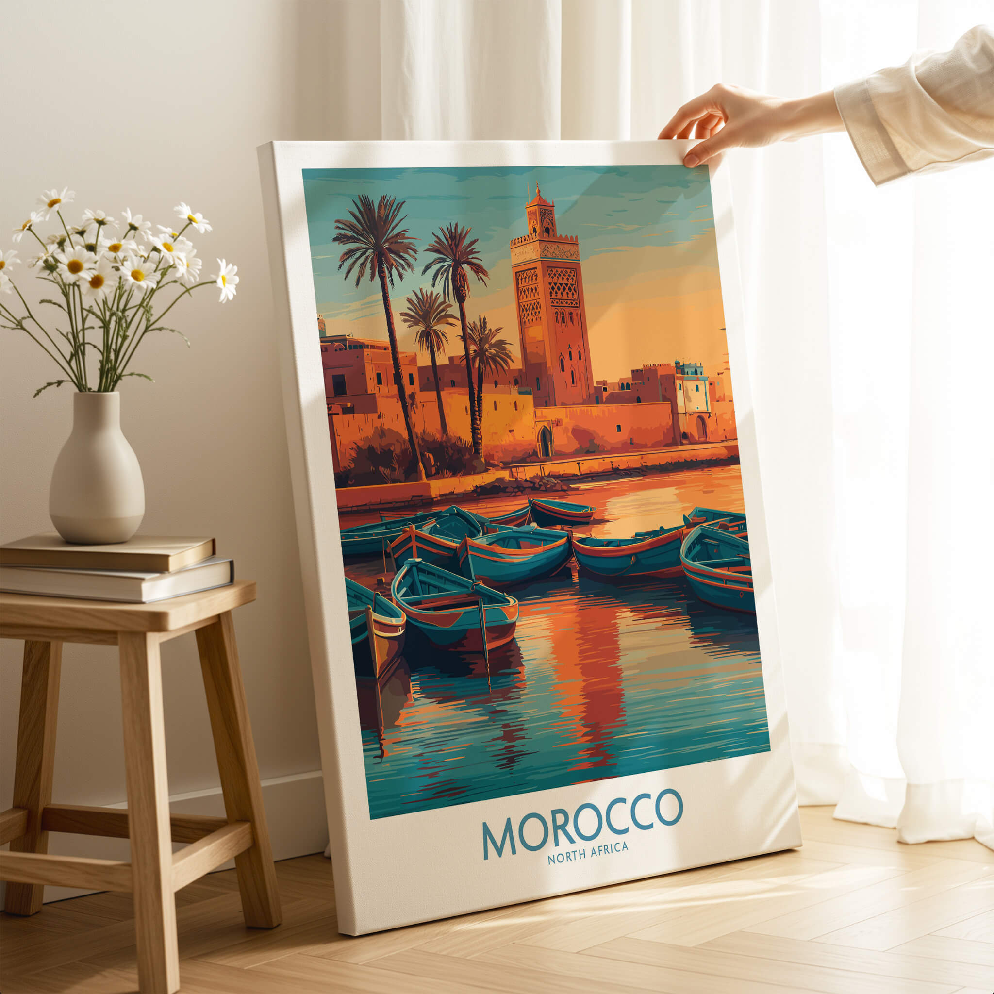 Morocco Canvas Print | Traditional Blue Boat & Port Poster featuring a vibrant Moroccan scene with boats and palm trees.
