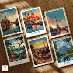 Morocco Canvas Print | Traditional Blue Boat & Port Poster featuring vibrant travel art prints from around the world.