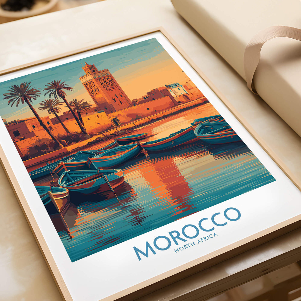 Morocco Canvas Print | Traditional Blue Boat & Port Poster with vibrant boats and palm trees beside a Moroccan port.