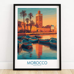 Morocco Canvas Print | Traditional Blue Boat & Port Poster featuring vibrant blue boats and a Moroccan tower in sunset.