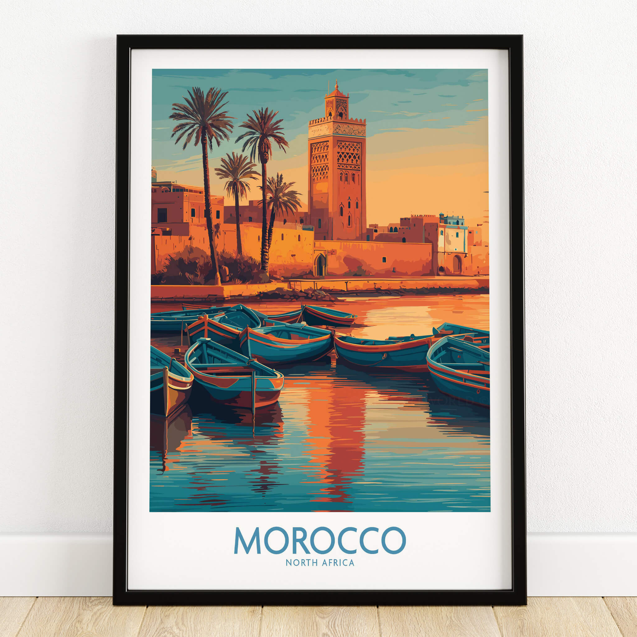 Morocco Canvas Print | Traditional Blue Boat & Port Poster featuring vibrant blue boats and a Moroccan tower in sunset.