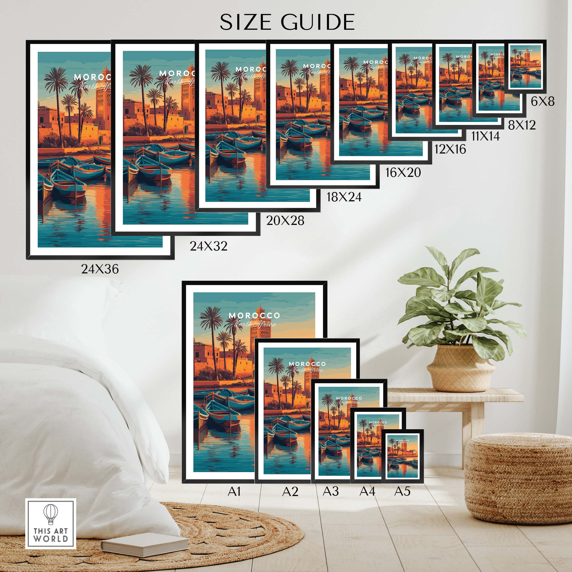 Morocco North Africa Travel Poster | Coastal Harbour Scene Wall Art Print size guide with various frame dimensions.