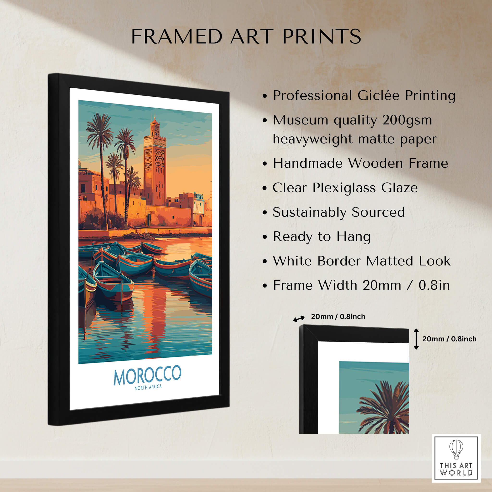 Morocco Canvas Print | Traditional Blue Boat & Port Poster showcased in a framed art print with professional giclée printing.