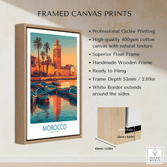 Morocco Canvas Print | Traditional Blue Boat & Port Poster displayed in a framed canvas print with wooden frame.
