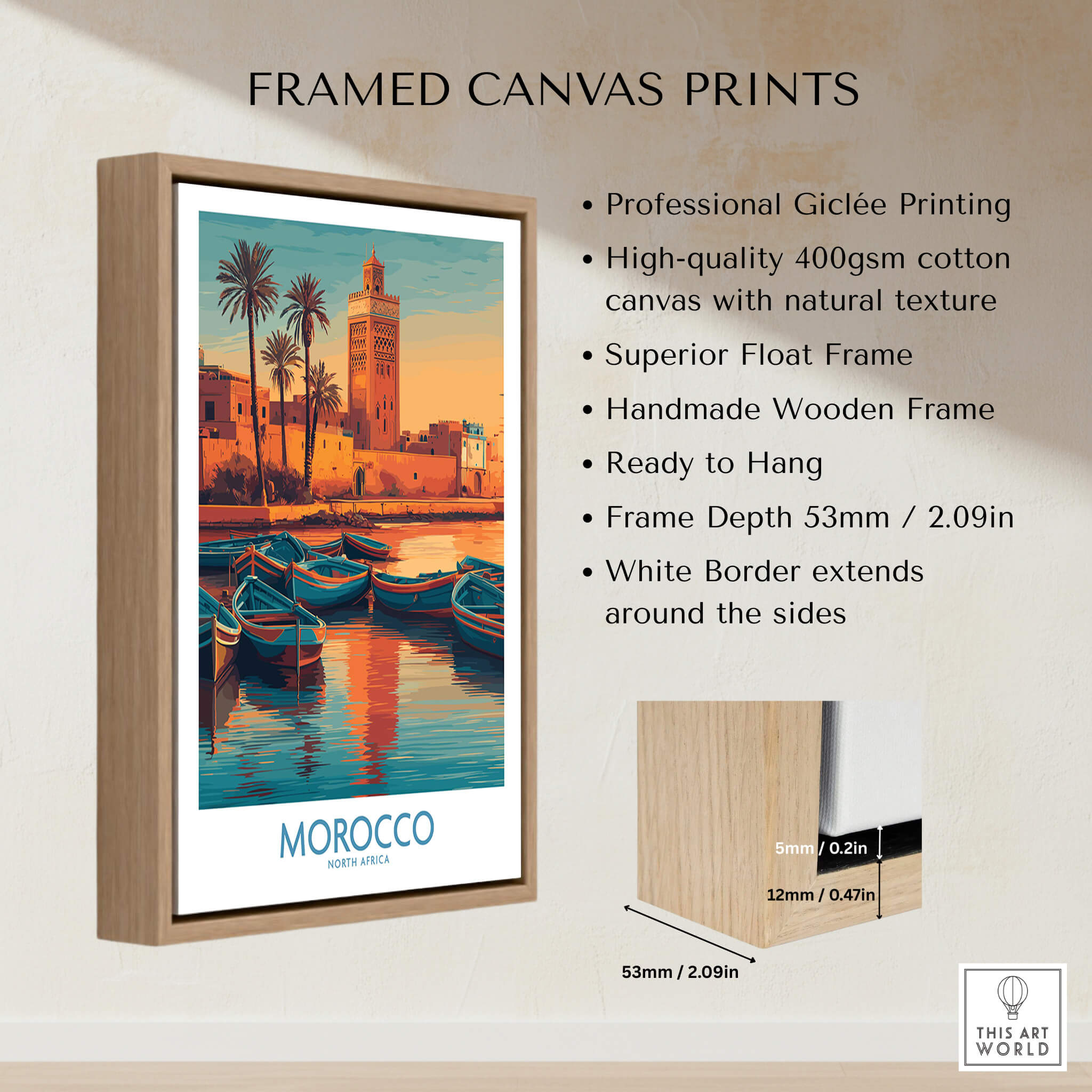 Morocco Canvas Print | Traditional Blue Boat & Port Poster displayed in a framed canvas print with wooden frame.