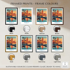 Framed prints showcasing various frame colors for Morocco Canvas Print | Traditional Blue Boat & Port Poster.