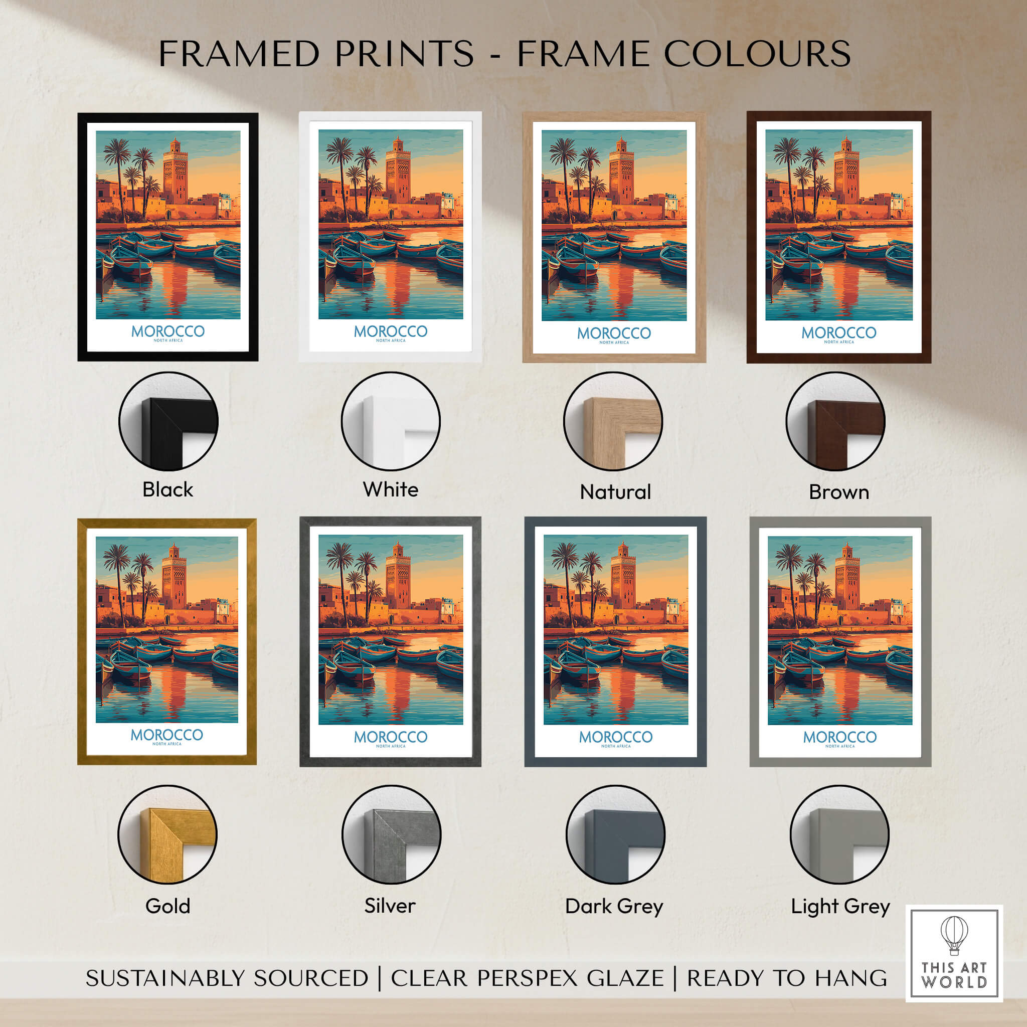 Framed prints showcasing various frame colors for Morocco Canvas Print | Traditional Blue Boat & Port Poster.