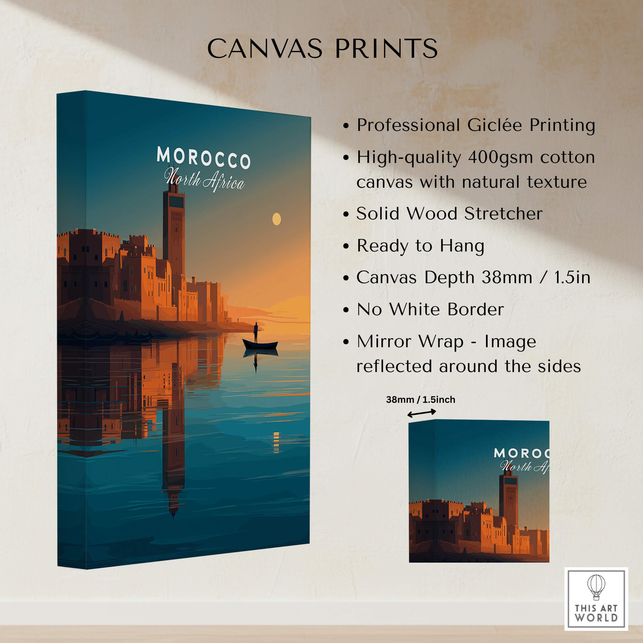 Morocco North Africa Wall Art Print | Mosque & Minaret Travel Poster showcasing a stunning canvas print with vibrant colors.