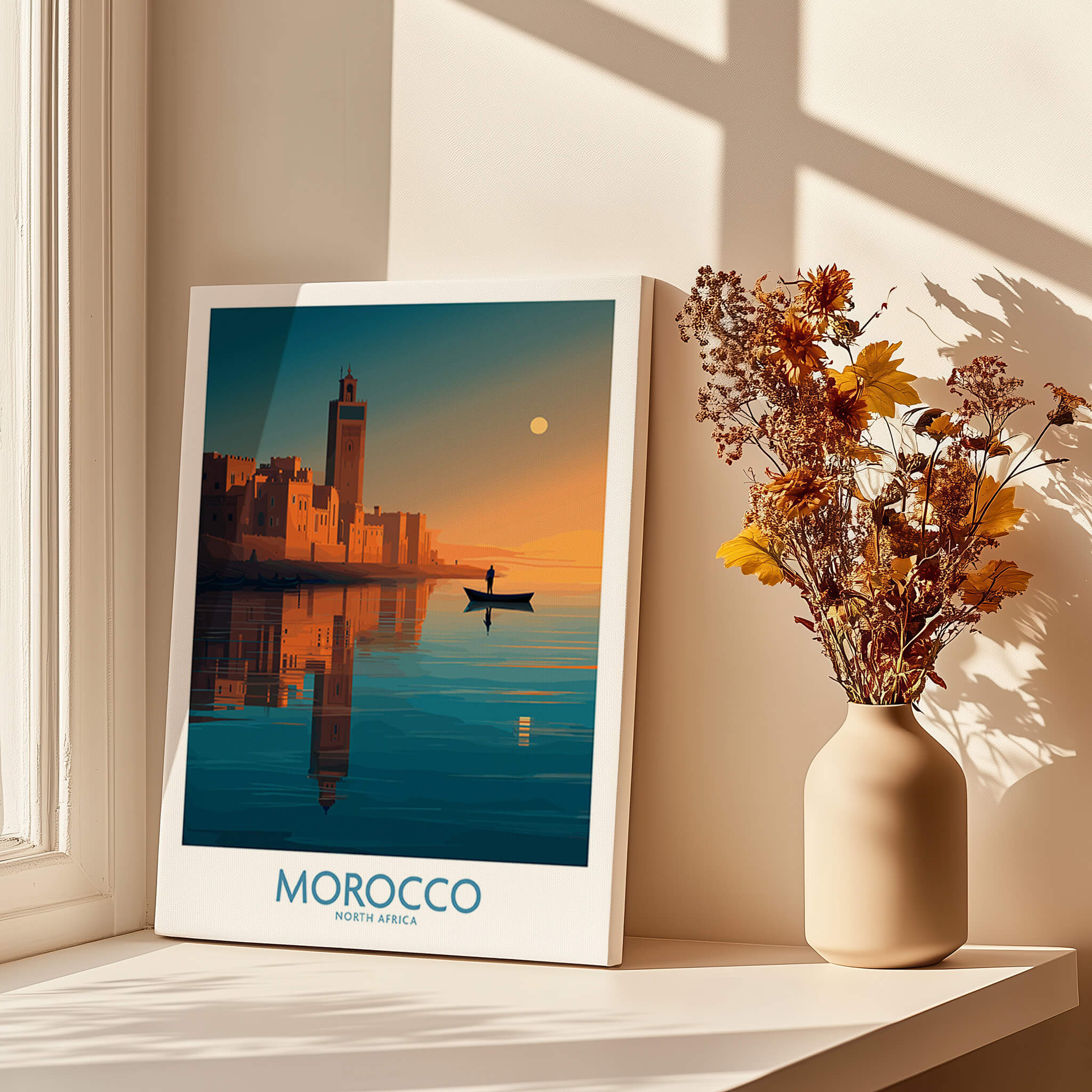 Morocco Poster | North African Cityscape Sunset Canvas Print featuring a serene river reflection at sunset.